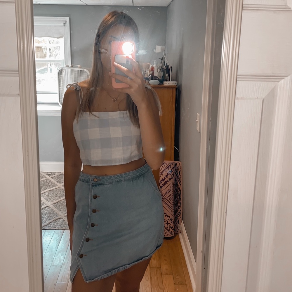 Light Blue & White Gingham Tie Crop Top